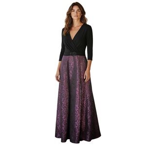 Alex Evenings Beaded Jersey & Jacquard Gown V-Neck, Black/Purple/Violet, Size 10